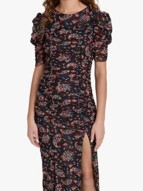 Free People Black Floral Ruched Maxi Dress with Puff Sleeves